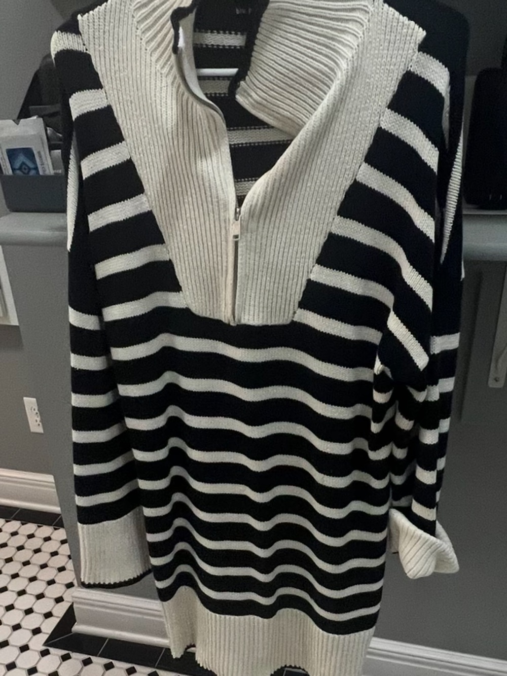 Blu Pepper Black & White Striped Half-Zip Cowl Sweater